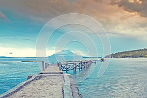 Panorama Wooden bridge at the sea at sunrise