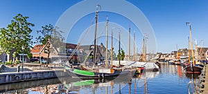 Panorama of wooden ships in the historic harbor of Spakenburg