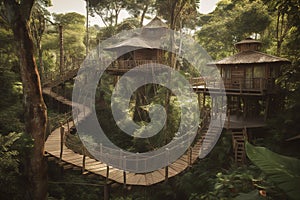 Panorama of wooden walking bridges crisscrossing between treehouses of different levels, connected by winding staircases. Where