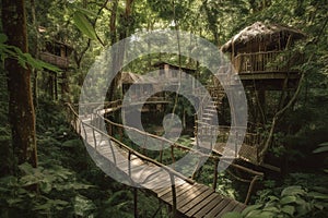 Panorama of wooden walking bridges crisscrossing between treehouses of different levels, connected by winding staircases. Where