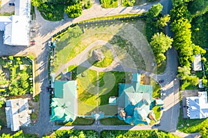 panorama of Yaroslavl from a height and bell tower Church of St. John Chrysostom (Yaroslavl) against the blue sky in