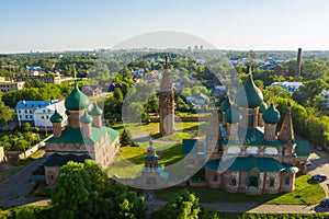 Panorama of Yaroslavl from a height and bell tower Church of St. John Chrysostom Yaroslavl against the blue sky in summer