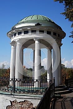 Panorama of Yaroslavl town, arbor decorated by white columns.