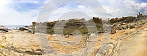 Panorama of Yehliu geologic formations in summer