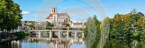 Panorama of the Yonne river and the church of Auxerre in Burgundy France