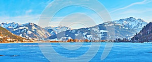 Panorama of Zeller see lake in evening blue shadows, Zell am See, Austria
