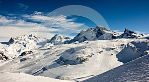 panorama Zermatt small Matterhorn theodul glacier gornergrat view mountain winter snow landscape Swiss Alps clouds