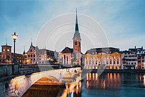 panorama of Zurich city center with Frau Munster and Grossmunster photo