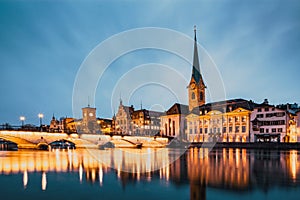 panorama of Zurich city center with Frau Munster and Grossmunster photo