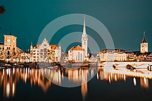 panorama of Zurich city center with Frau Munster and Grossmunster photo