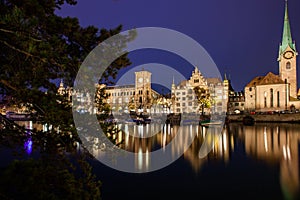 panorama of Zurich city center with Frau Munster and Grossmunster