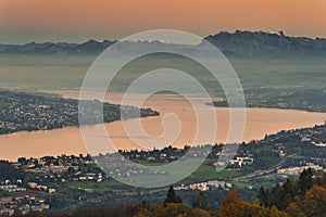 Panorama of Zurich city and lake from Uetliberg mountain in Switzerland