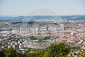 Panoramaof old downtown of Zurich city, with beautiful house at the bank of Limmat River, aerial view from the top of Mount