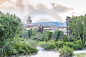 Panoramas of the city of Busca during sunset and in the blue hour photo