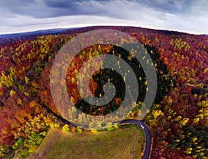 Autumn aerial drone view on curvy road with car.