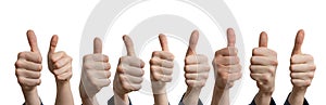 Panoramatic photo of many thumbs up. Isolated on white background