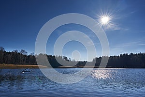 Panoramatic and scenic landscape Picture of the lake in the middle of nowhere in Czech republic.