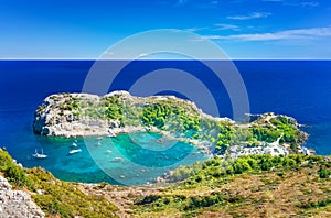 Panoramatic view of Anthony Quinn bay and Mediteranean sea Rhod
