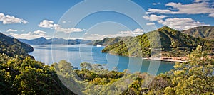 Panoramatic view of Cook Inlet from Queen Charlotte Drive near Picton, Marlborough departament, New Zealand photo