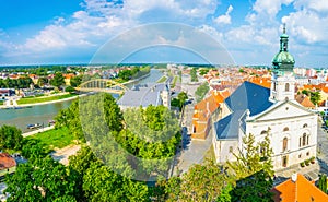 Panoramatic view of the hungarian city gyor with the roman cathedral, Carmelita Church and raba river...IMAGE photo