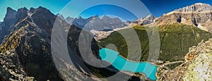 Panoramatic view of Moraine lake from Tower of Babel, Banff NP, Canada photo