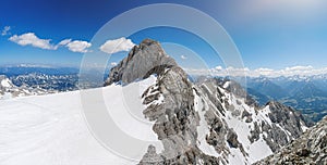 Panoramatic view from peak of Dachstein am Ramsau mountain in Alps in Austria. photo