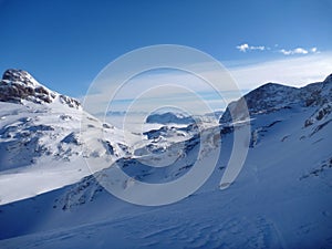 Panoramatic view of snow covered high mountains