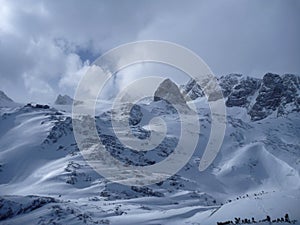 Panoramatic view of snow covered high mountains