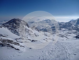 Panoramatic view of snow covered high mountains