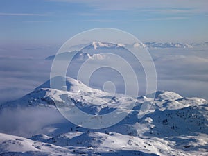 Panoramatic view of snow covered high mountains