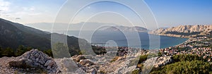 Panoramatic view to city Baska with sea, Croatia