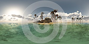 Panoramia of tropical island with palms in ocean. made with one
