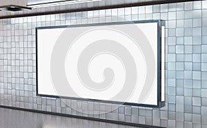 Panoramic 2:1 billboard on underground subway wall Mockup. Hoarding advertising on train station 3D rendering