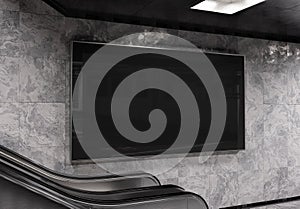 Panoramic 2:1 billboard on underground wall Mockup. Hoarding advertising on train station wall escalator 3D rendering