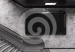 Panoramic 2:1 billboard on underground wall Mockup. Hoarding advertising on train station wall escalator 3D rendering