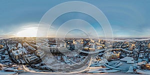 Panoramic 360 degree aerial drone view of evening winter Voronezh downtown cityscape