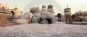 Panoramic 3D rendering of a fantasy sci-fi outpost on a remote alien planet in the outer rim of the galaxy