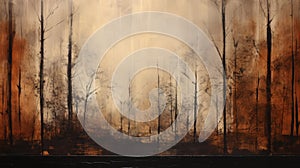 Panoramic Abstract Painting Of Burnt Trees In Brown And Orange