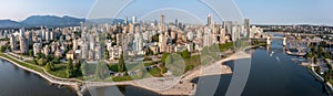 panoramic aerial city view of Downtown Vancouver in British Columbia, Canada with skyscrapers