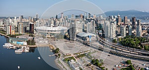 panoramic aerial city view of famous False Creek in Vancouver downtown with BC Place Stadium