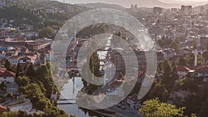 Panoramic aerial cityscape of the historical downtown of Sarajevo timelapse