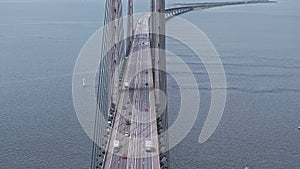 Panoramic aerial close up view of Oresund bridge over the Baltic sea