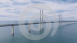 Panoramic aerial close up view of Oresund bridge over the Baltic sea