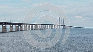 Panoramic aerial close up view of Oresund bridge over the Baltic sea