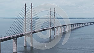 Panoramic aerial close up view of Oresund bridge over the Baltic sea