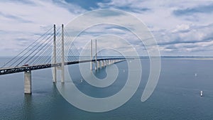 Panoramic aerial close up view of Oresund bridge over the Baltic sea