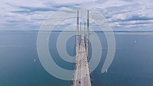 Panoramic aerial close up view of Oresund bridge over the Baltic sea