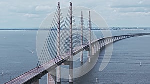 Panoramic aerial close up view of Oresund bridge over the Baltic sea