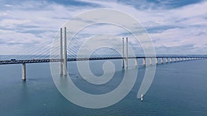 Panoramic aerial close up view of Oresund bridge over the Baltic sea