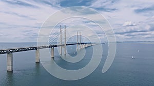 Panoramic aerial close up view of Oresund bridge over the Baltic sea